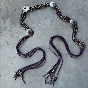 Boho Western Suede purple braided belt with silver metal beads